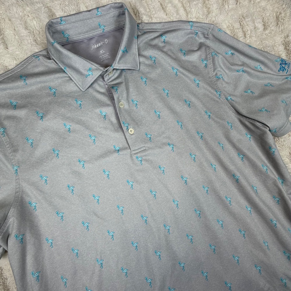 Johnnie-O Mens XL Grey Flamingo Print Performance Golf Polo Shirt Short Sleeve